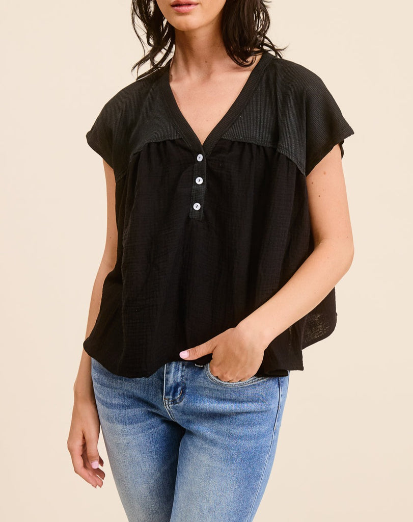 Mixed Feelings Double Textured Top in Black