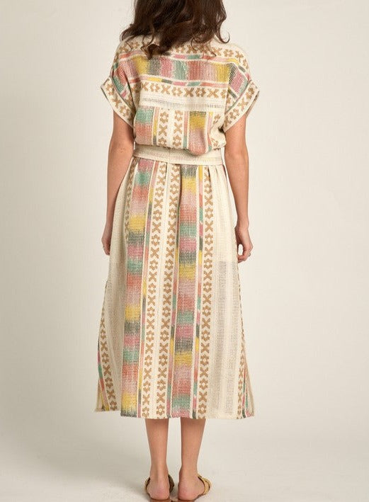 Winslow Boho Embroidered Short Sleeve Tie Dress in Multicolor