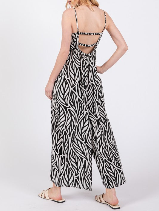 Chrome Leaves Jumpsuit with Open Back Detailing