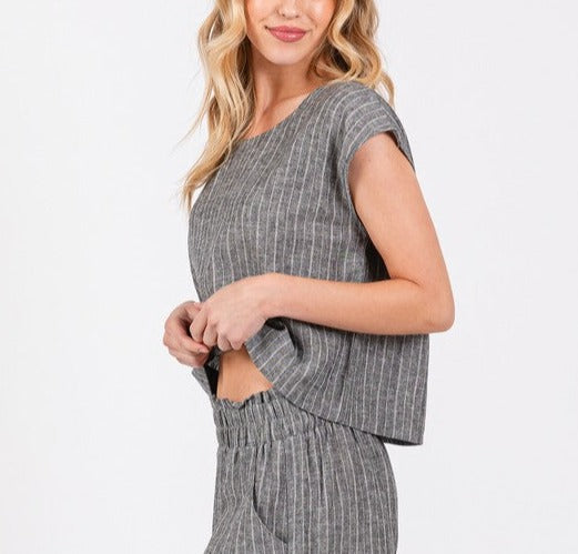 Malina Striped Boxy Crop Top in Charcoal