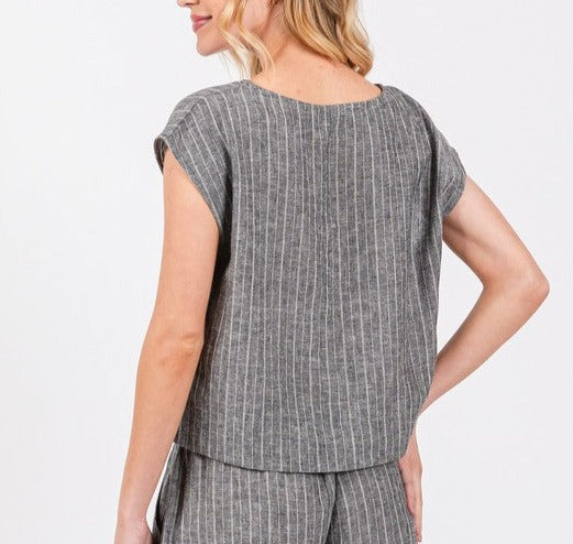 Malina Striped Boxy Crop Top in Charcoal