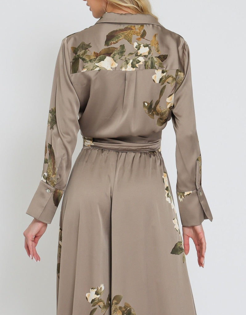 Romantic Rose Button Up Long Sleeve Silk Blouse in Mocha Grey