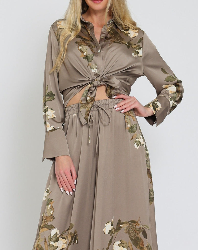 Romantic Rose Button Up Long Sleeve Silk Blouse in Mocha Grey