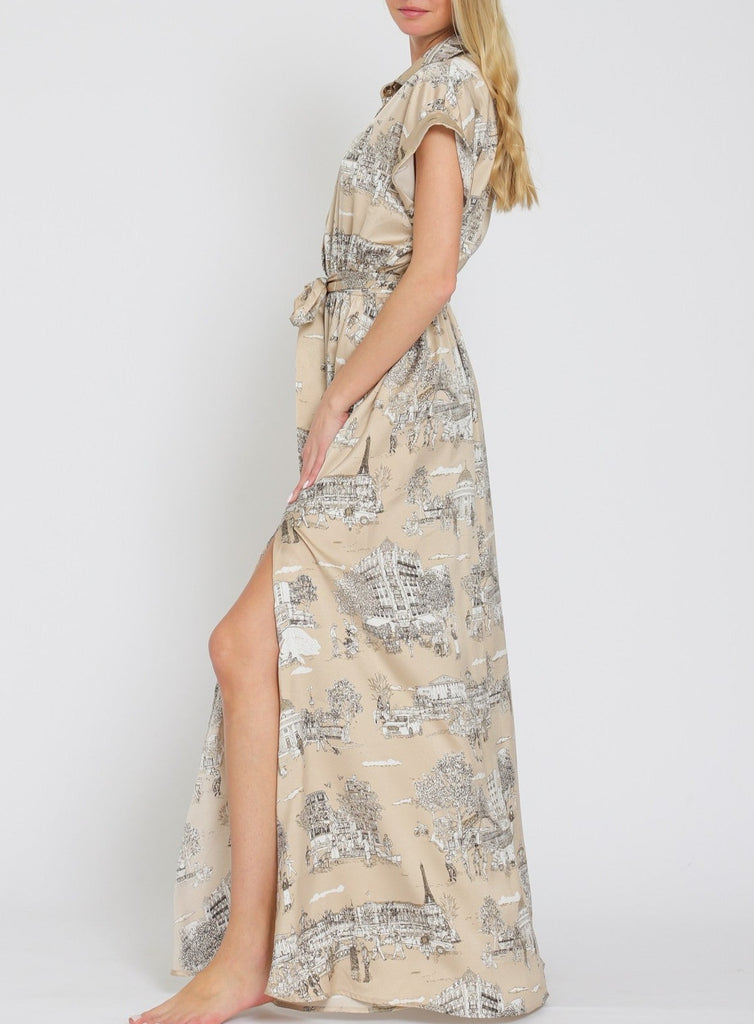 Mademoiselle Button Down Belted Maxi Abstract Dress in Begie/White