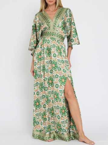 Falling Roses Kimono Sleeve Tie Back Maxi Dress