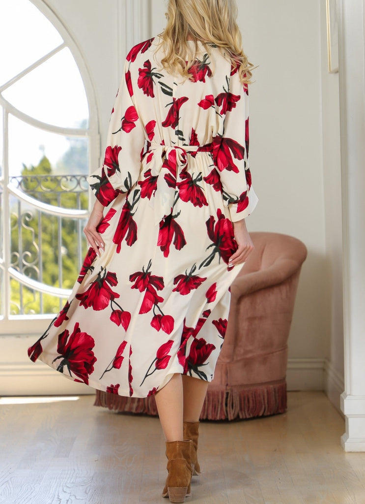 Falling Roses Kimono Sleeve Tie Back Maxi Dress