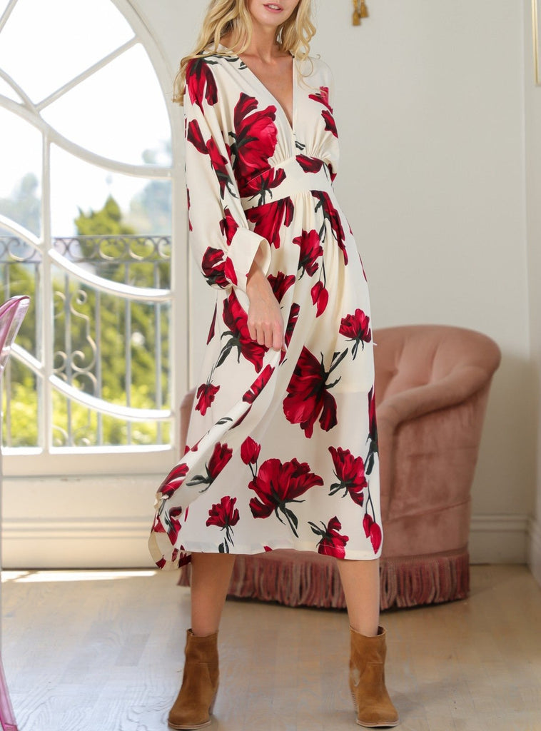 Falling Roses Kimono Sleeve Tie Back Maxi Dress