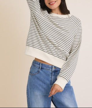 Rhythm in Lines Round Neck Striped Long Sleeve Top in Cream/Black