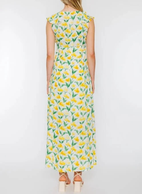 Sorrento Floral Ruffle Sleeve Tiered Dress in Lemon