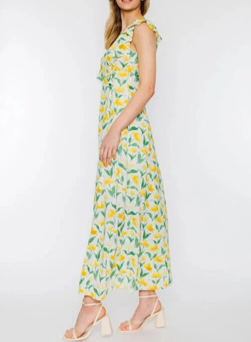 Sorrento Floral Ruffle Sleeve Tiered Dress in Lemon