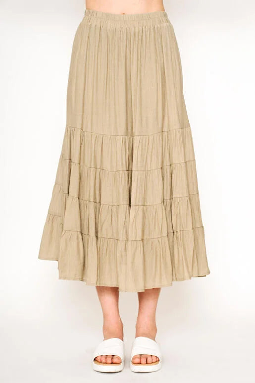 Allegra Tiered Midi Skirt with Elastic Waist In Sage Green