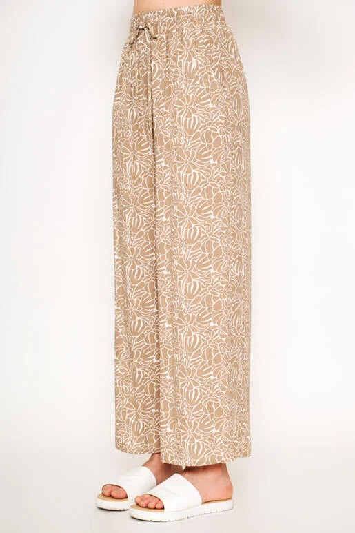 Amarillis Floral Print Wide Leg Drawstring Pants in Taupe