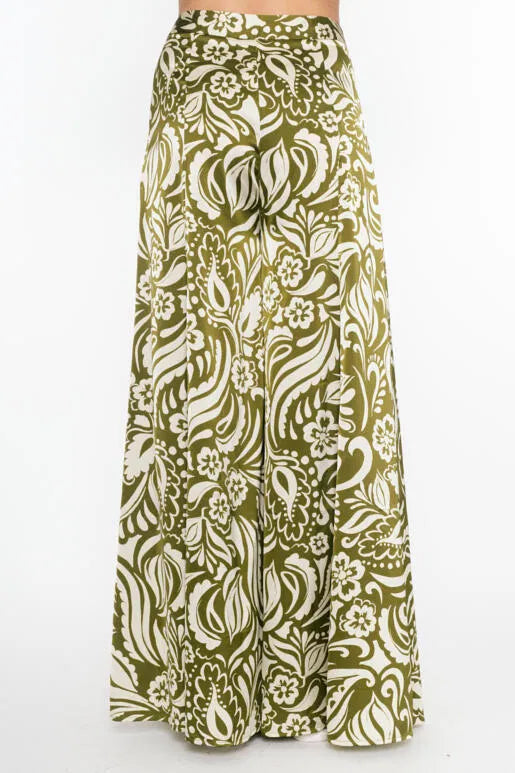 Verdant Gleam Paisley Printed Satin Wide Leg Pants