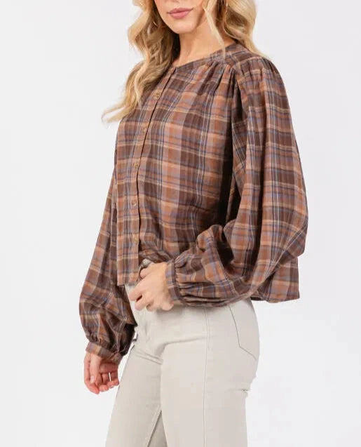 Walnut Woods Balloon Sleeve Plaid Button Up Blouse