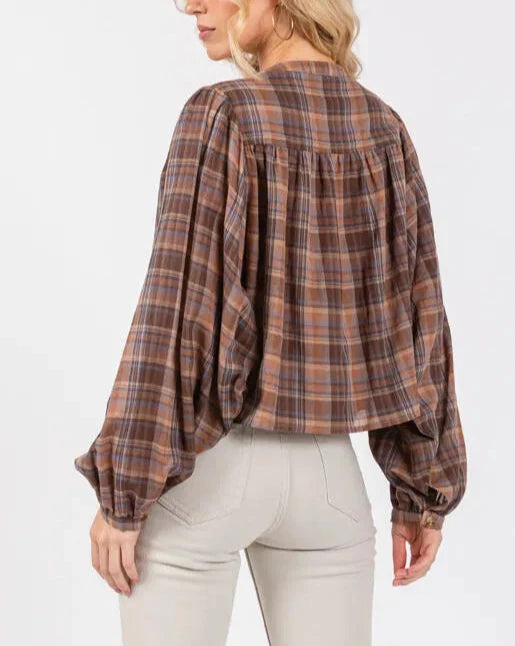 Walnut Woods Balloon Sleeve Plaid Button Up Blouse