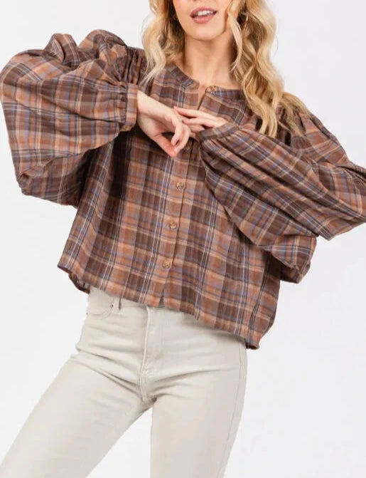 Walnut Woods Balloon Sleeve Plaid Button Up Blouse