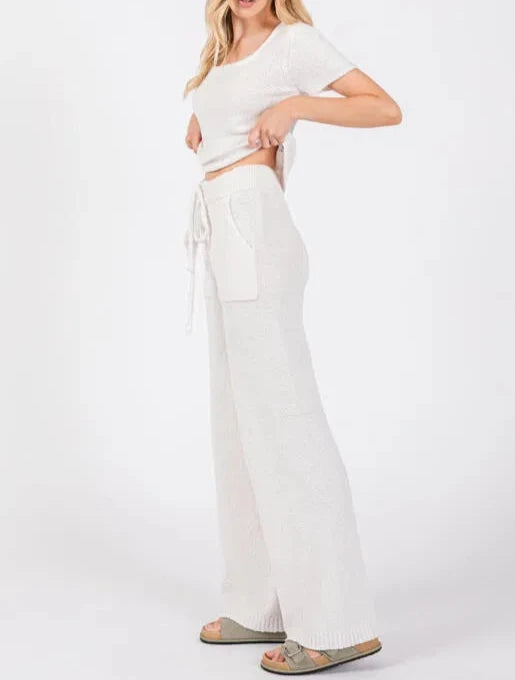 Fuzzy Cloud Towel Knit Wide Leg Pants in White