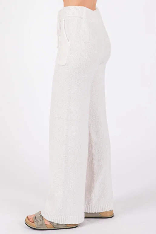 Fuzzy Cloud Towel Knit Wide Leg Pants in White