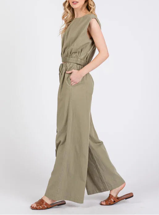 Meadow Bliss Linen Short Sleeve and Wide Leg Set in Sage