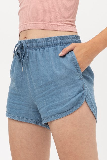 Day At The Beach Relaxed Fit Tie Waist Shorts in Denim