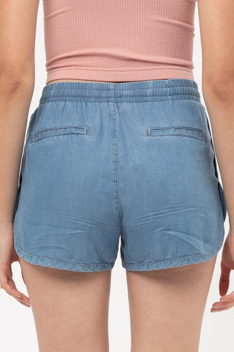 Day At The Beach Relaxed Fit Tie Waist Shorts in Denim