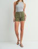 Army Girl Button Front Denim High Waisted Shorts in Olive