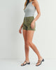 Army Girl Button Front Denim High Waisted Shorts in Olive