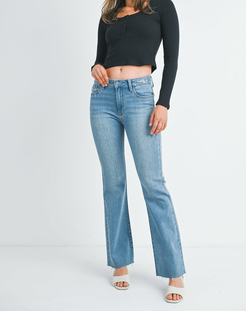 Mid-Rise Flare Jeans with Raw Hem Detail in Medium Denim JBD