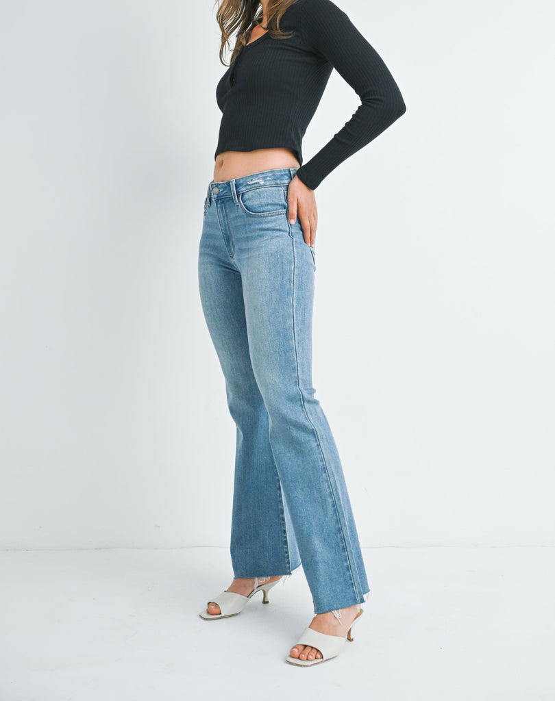 Mid-Rise Flare Jeans with Raw Hem Detail in Medium Denim JBD