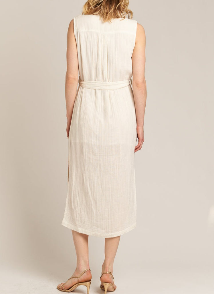 Candace Collared Tie Waist Button Down Dress in Off White