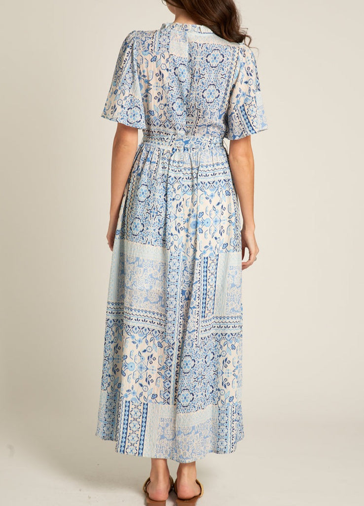 Pottery Barn V-Neck Short Sleeve Maxi Dress in Blue