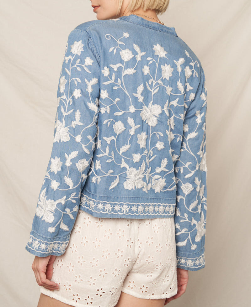 Petal Stitch Quarter Sleeve Embroidered Denim Top