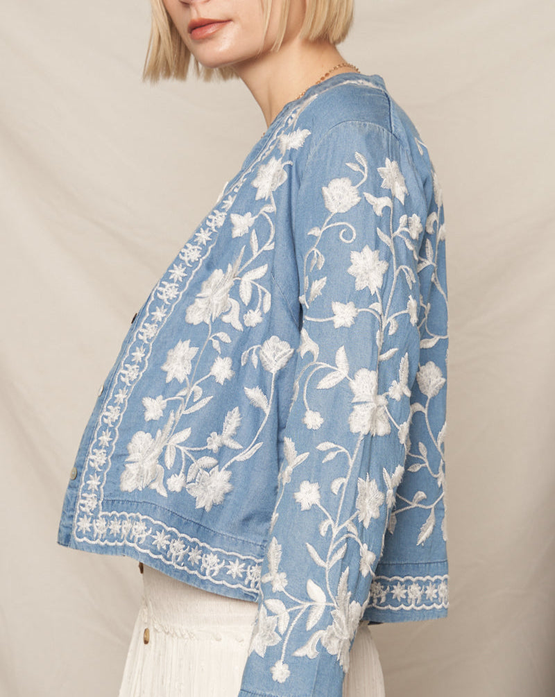 Petal Stitch Quarter Sleeve Embroidered Denim Top