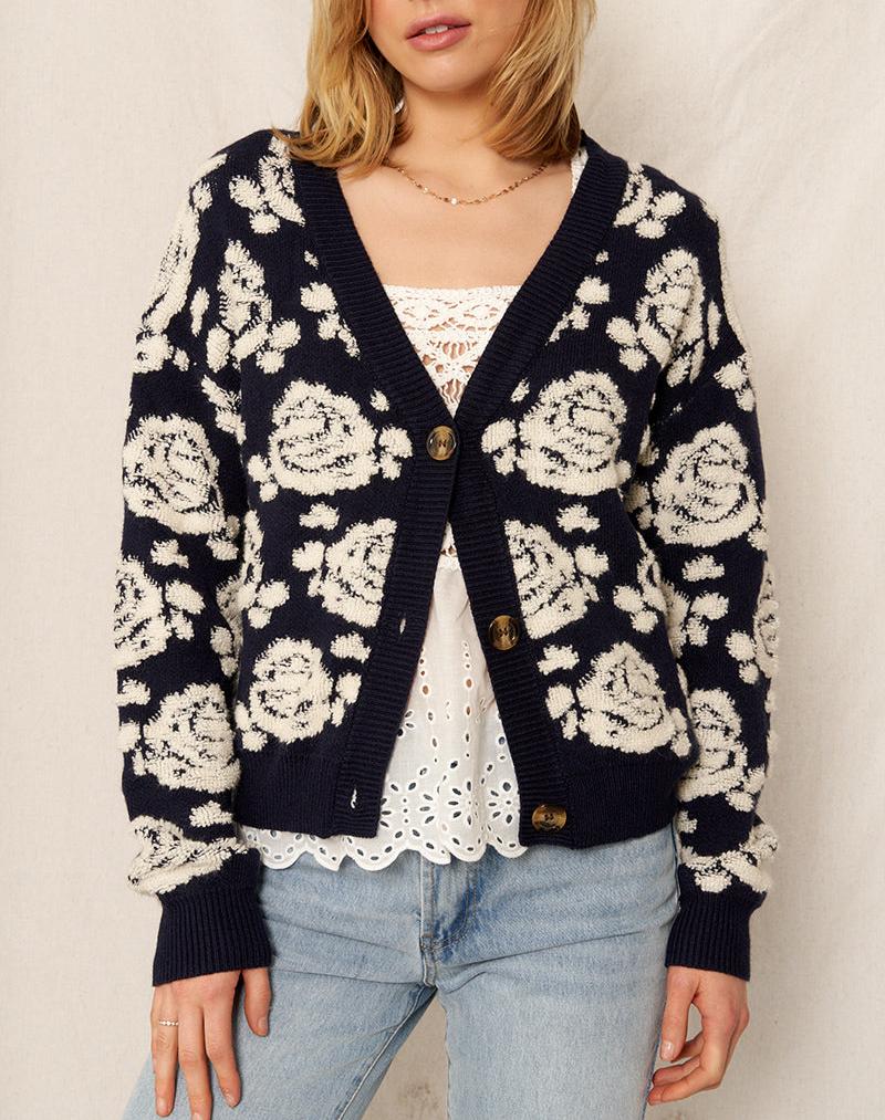 Rain + Rose Button Front Cardigan Sweater in Navy/Ivory