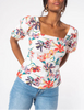 Botanic Mood 3/4 Puff Sleeve Floral Print Open Back Top
