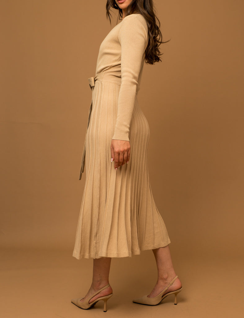 Kellie Long Sleeve Sweater Dress with Wrap in Nude