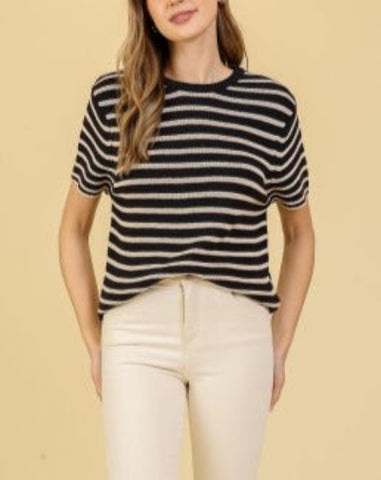 Rhythm in Lines Round Neck Striped Long Sleeve Top in Cream/Black