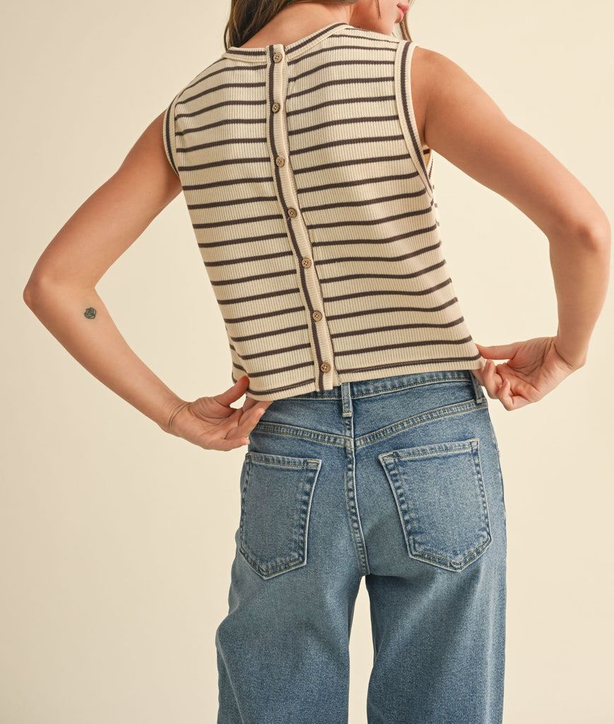 Cabana Chic Striped Button Down Back Sleeveless Top