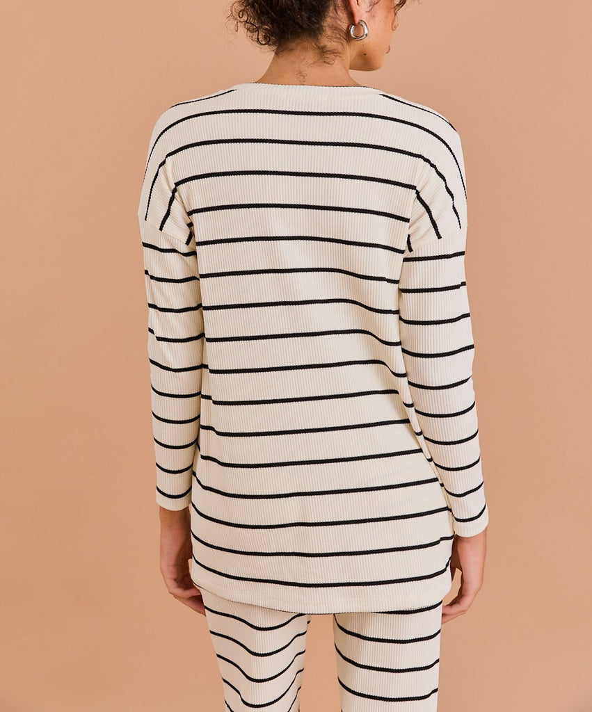 Rhythm in Lines Round Neck Striped Long Sleeve Top in Cream/Black