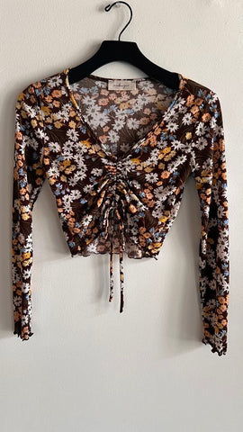 Romantic Rose Button Up Long Sleeve Silk Blouse in Mocha Grey