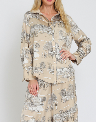 Romantic Rose Button Up Long Sleeve Silk Blouse in Mocha Grey